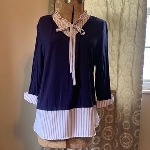 ELLE Navy 3/4 Slv Knit Blouse w/ Woven striped hem and cuff Size xL